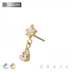 IMPLANT GRADE TITANIUM THREADLESS PUSH IN MARQUISE STARBURST TEAR DROP DANGLE CZ TOP PART ONLY